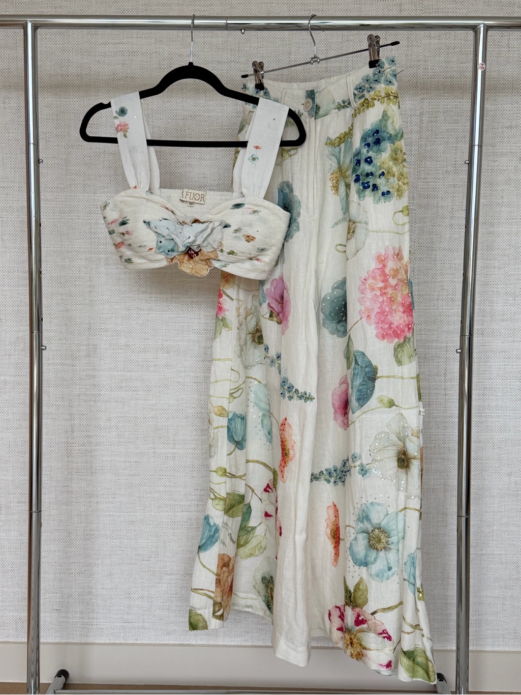 Floral Print Wide-Leg Trousers - Cream